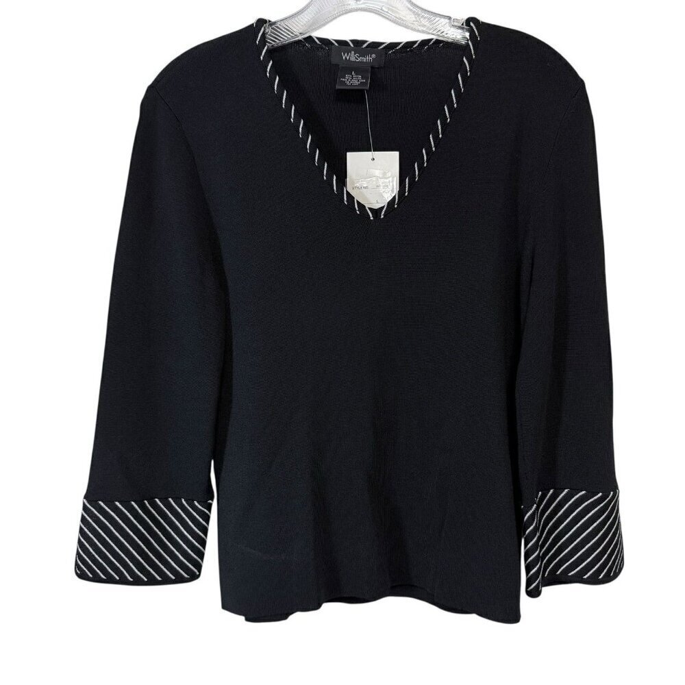 Willi Smith NWT Size Large Black & White V-Neck 3/4 Sleeve Stretch Knit Top READ